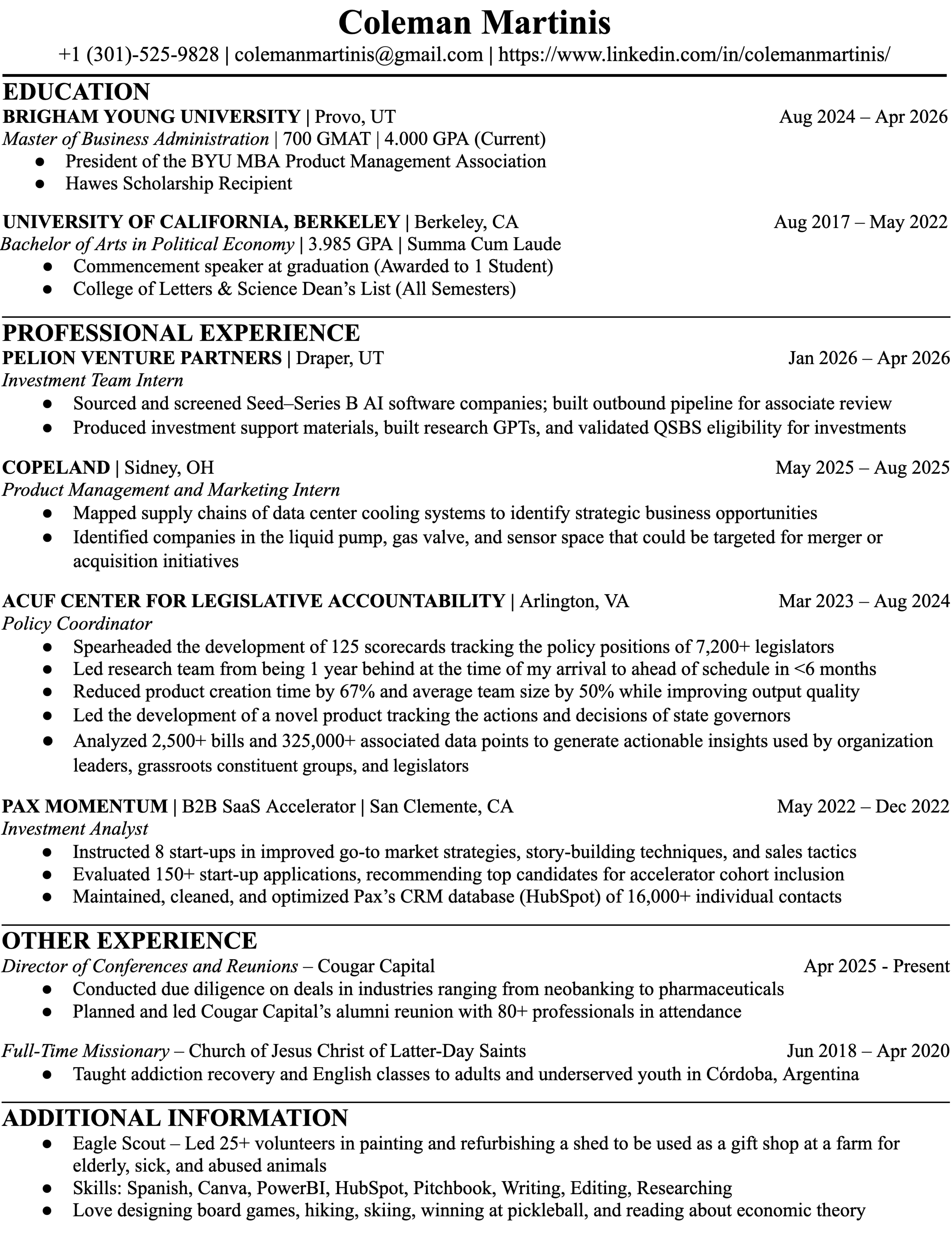 Coleman Martinis Resume